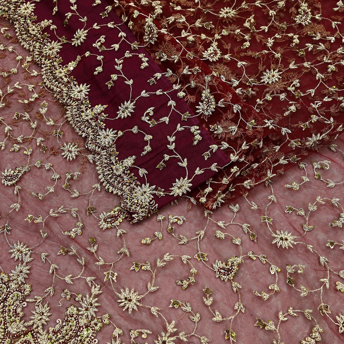 Indian Vintage Heavy Sari Maroon Net/Mesh Hand Embroidered Sarees Craft Fabric 6Yd Sewing Soft Zardozi/Dabka Zari Sequins Wedding sarees