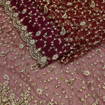 Indian Vintage Heavy Sari Maroon Net/Mesh Hand Embroidered Sarees Craft Fabric 6Yd Sewing Soft Zardozi/Dabka Zari Sequins Wedding sarees