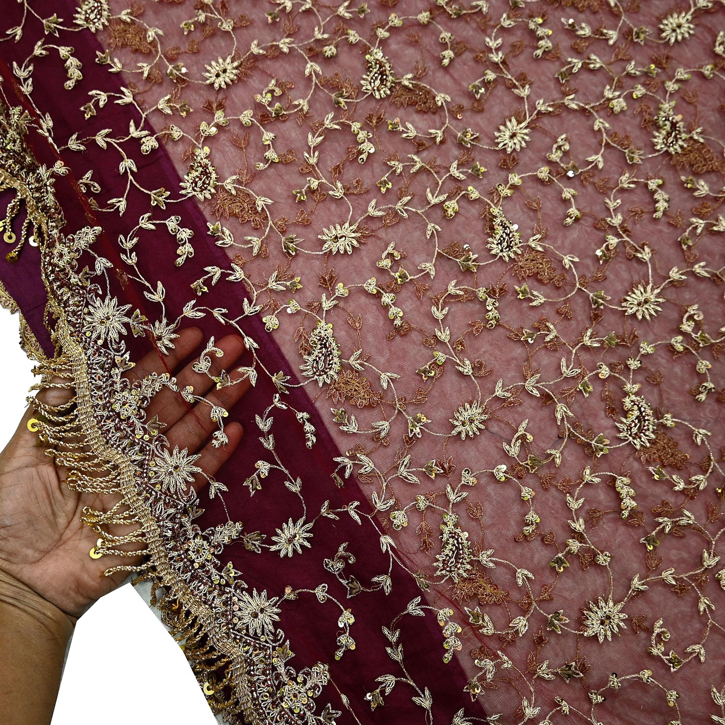 Indian Vintage Heavy Sari Maroon Net/Mesh Hand Embroidered Sarees Craft Fabric 6Yd Sewing Soft Zardozi/Dabka Zari Sequins Wedding sarees
