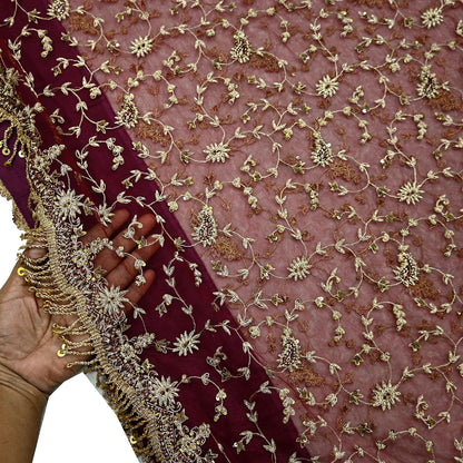 Indian Vintage Heavy Sari Maroon Net/Mesh Hand Embroidered Sarees Craft Fabric 6Yd Sewing Soft Zardozi/Dabka Zari Sequins Wedding sarees