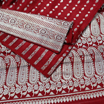 Vintage Banarasi Saree Pure Satin Silk Woven Brocade Zari Fabric Maroon Heavy Craft Sari 5 Yards Indian Antique Textile Dress Making