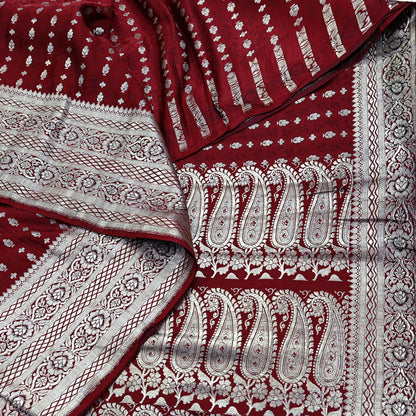 Vintage Banarasi Saree Pure Satin Silk Woven Brocade Zari Fabric Maroon Heavy Craft Sari 5 Yards Indian Antique Textile Dress Making