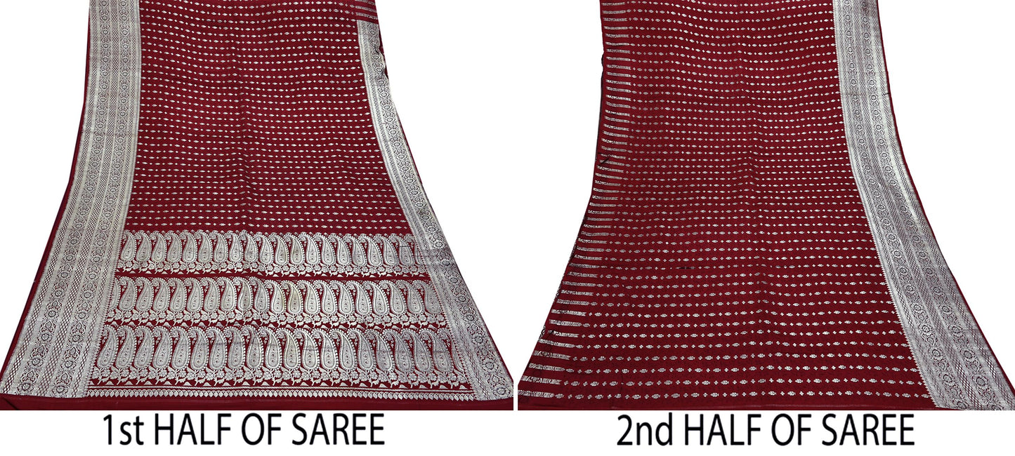 Vintage Banarasi Saree Pure Satin Silk Woven Brocade Zari Fabric Maroon Heavy Craft Sari 5 Yards Indian Antique Textile Dress Making