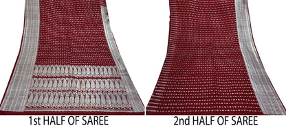 Vintage Banarasi Saree Pure Satin Silk Woven Brocade Zari Fabric Maroon Heavy Craft Sari 5 Yards Indian Antique Textile Dress Making