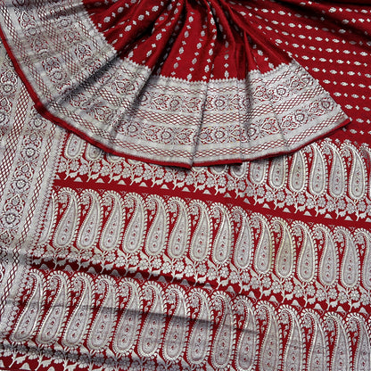 Vintage Banarasi Saree Pure Satin Silk Woven Brocade Zari Fabric Maroon Heavy Craft Sari 5 Yards Indian Antique Textile Dress Making