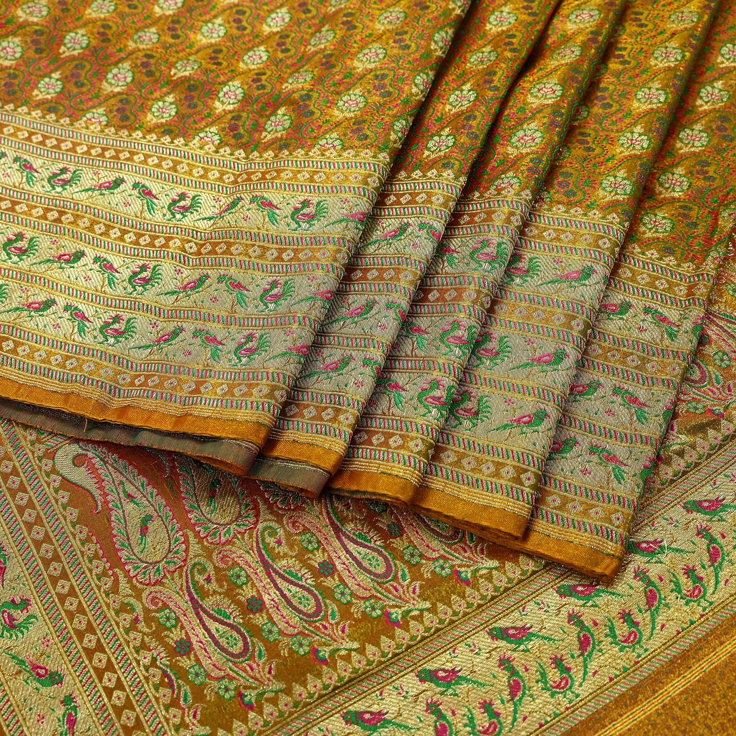 Indian Vintage Sari Saffron Heavy Wedding Artificial Silk Woven Brocade Banarasi Sarees Ethnic Zari 5Yd Dress Making Bollywood Sari Crafting