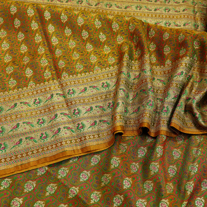 Indian Vintage Sari Saffron Heavy Wedding Artificial Silk Woven Brocade Banarasi Sarees Ethnic Zari 5Yd Dress Making Bollywood Sari Crafting