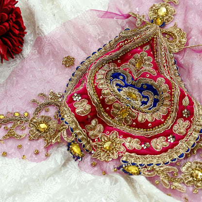 Indian Vintage Pink net Appliques  Set of 1 | Hand-Embroidered Floral Patches with Zardozi,Dabka, Zari,for Craft, Journals