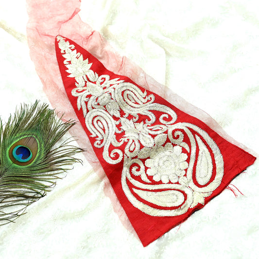 Indian Vintage Red Net Hand-Embroidered Appliques  Set of 1, Zari Work | Floral Patches for Crafts, Journals