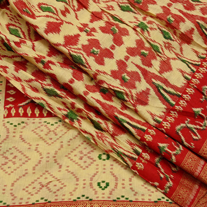 Indian Vintage Red & Beige Saree Printed 100% Pure Cotton Sari Craft Fabric 5Yd Soft Sewing Sarong Wrap Dress Making Quilting Crafting