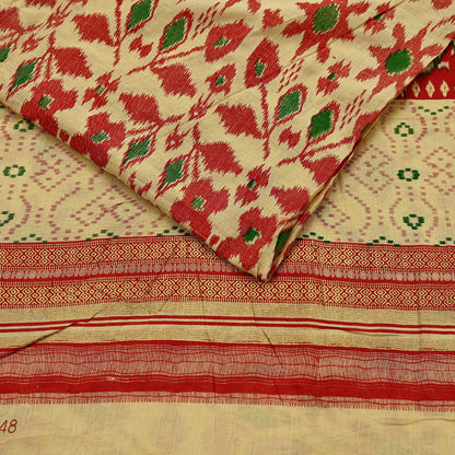 Indian Vintage Red & Beige Saree Printed 100% Pure Cotton Sari Craft Fabric 5Yd Soft Sewing Sarong Wrap Dress Making Quilting Crafting