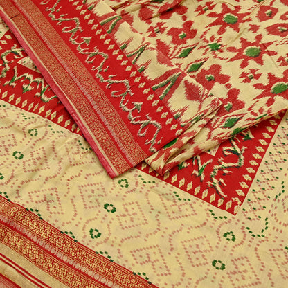 Indian Vintage Red & Beige Saree Printed 100% Pure Cotton Sari Craft Fabric 5Yd Soft Sewing Sarong Wrap Dress Making Quilting Crafting