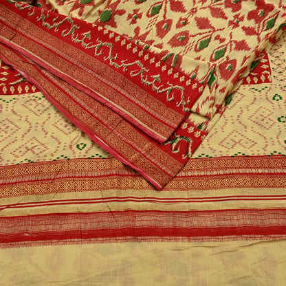 Indian Vintage Red & Beige Saree Printed 100% Pure Cotton Sari Craft Fabric 5Yd Soft Sewing Sarong Wrap Dress Making Quilting Crafting