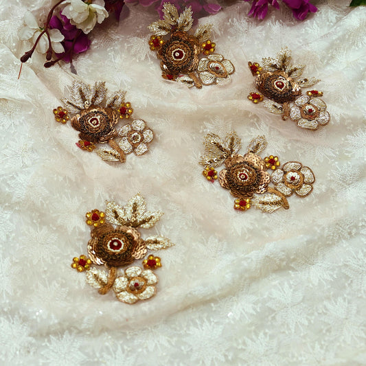 Indian Vintage Peach Net Hand-Embroidered Appliques  Set of 5, Zardozi, Dabka, Mukesh, Bead Work | Floral Patches for Crafts, Journals
