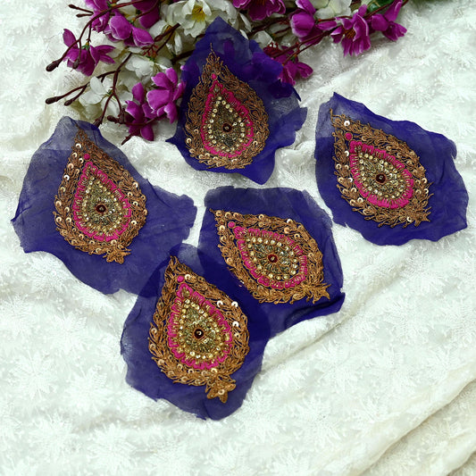 Indian Vintage Purple Pure Georgette Silk Appliques  Set of 5 | Hand-Embroidered Floral Patches with Zardozi, Dabka ,for Craft, Journals