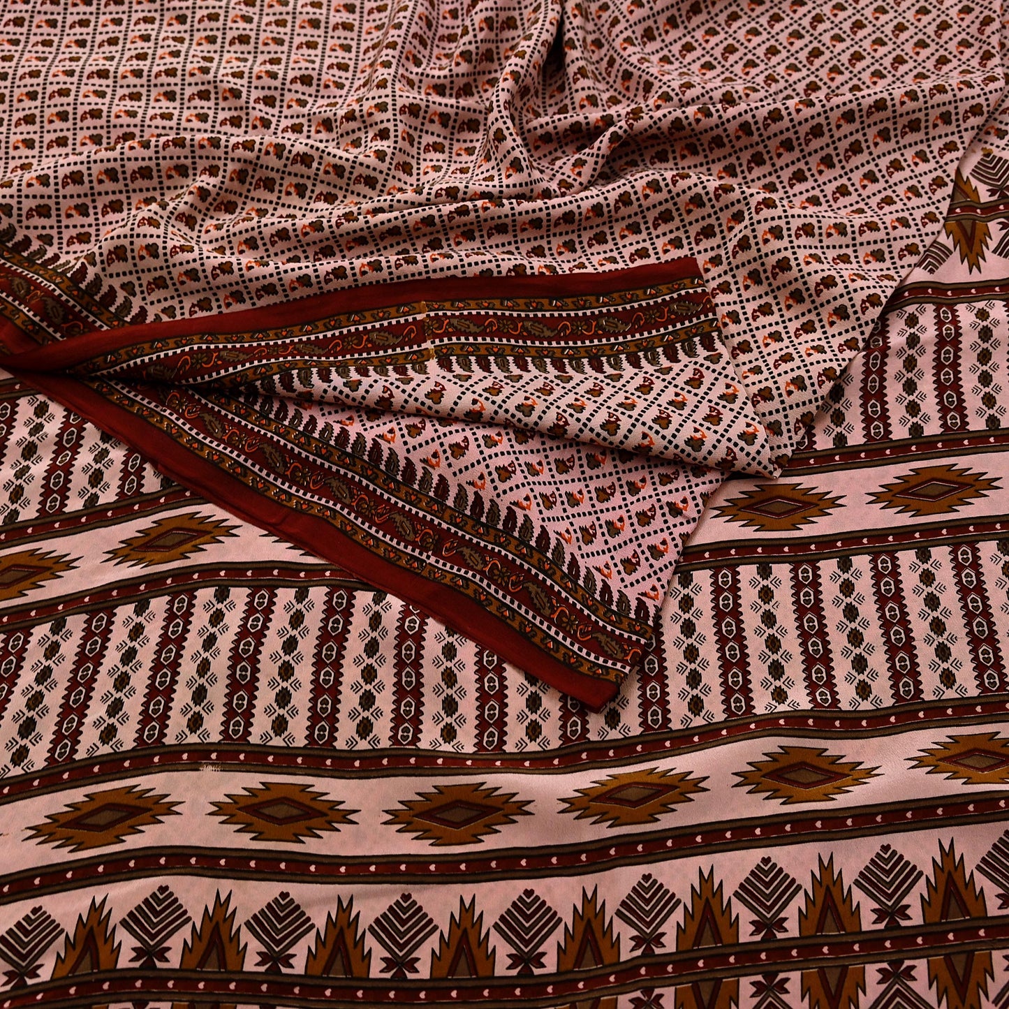Indian Vintage Peach Maroon Pure Crepe Silk Saree Floral Print 5 Yards Soft Sewing Fabric for Dressmaking, Quilting, Crafting & Upcycling