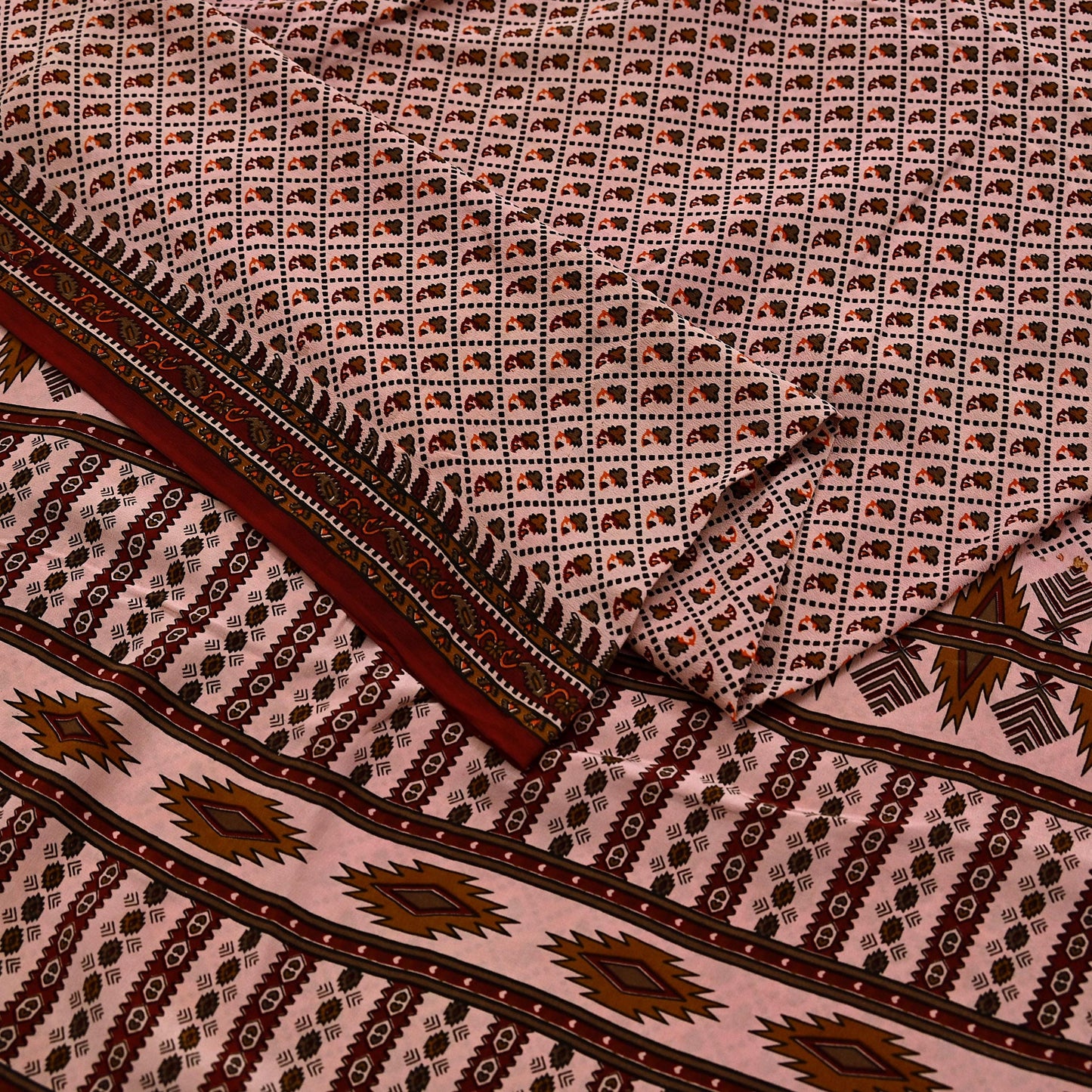 Indian Vintage Peach Maroon Pure Crepe Silk Saree Floral Print 5 Yards Soft Sewing Fabric for Dressmaking, Quilting, Crafting & Upcycling