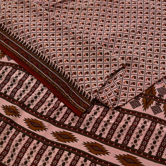 Indian Vintage Peach Maroon Pure Crepe Silk Saree Floral Print 5 Yards Soft Sewing Fabric for Dressmaking, Quilting, Crafting & Upcycling