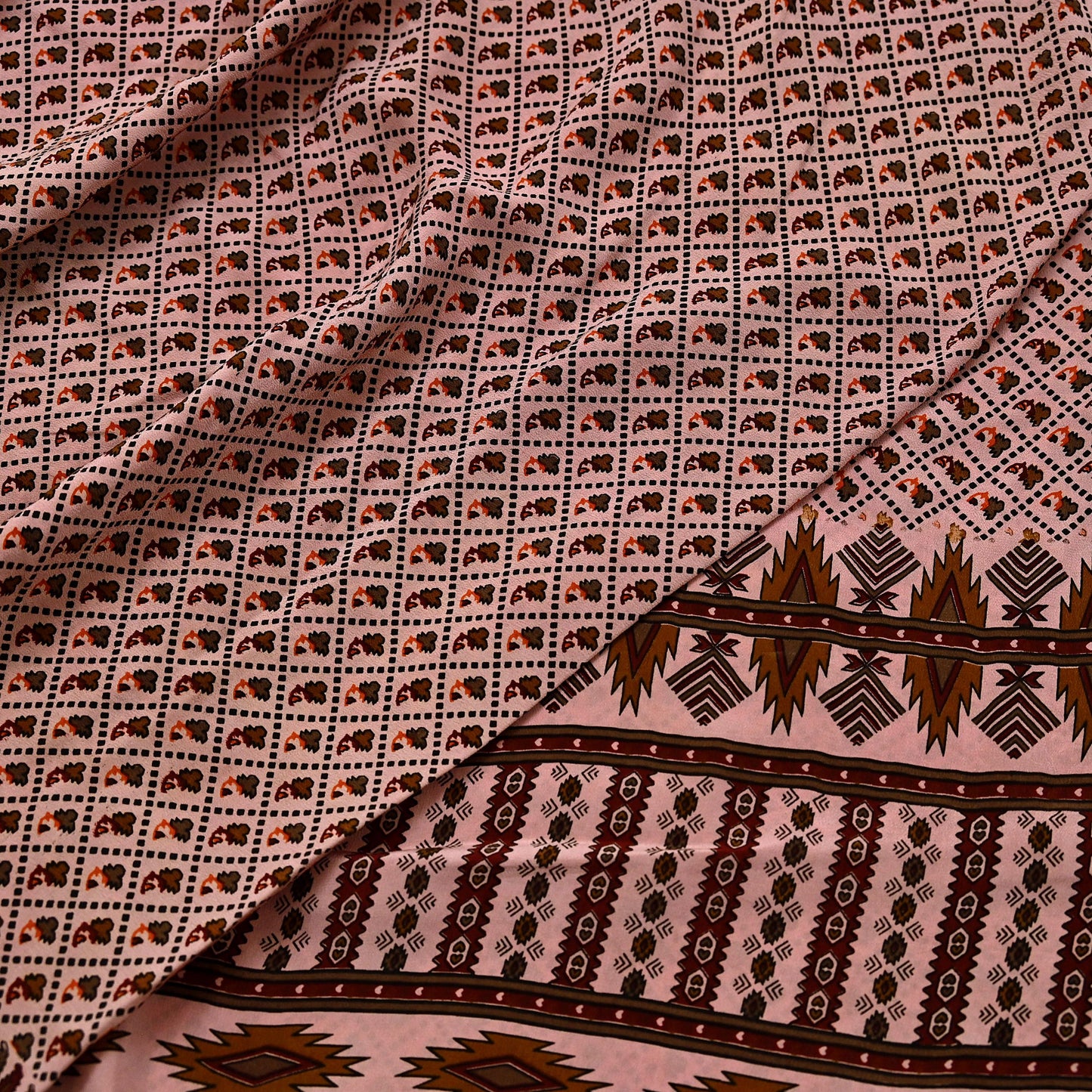 Indian Vintage Peach Maroon Pure Crepe Silk Saree Floral Print 5 Yards Soft Sewing Fabric for Dressmaking, Quilting, Crafting & Upcycling