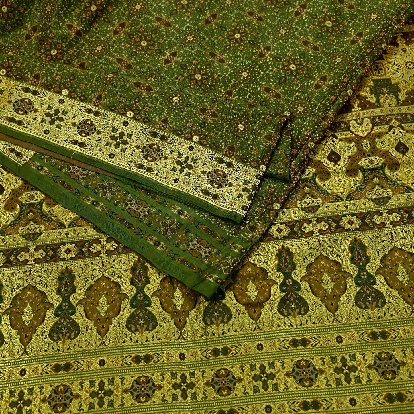Indian Vintage Sari Green Heavy Wedding Pure Satin Silk Woven Banarasi Tanchoi Saree 5Yd Ethnic Craft Fabric Upcycle Bridal Heavy Sarees