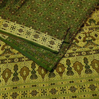 Indian Vintage Sari Green Heavy Wedding Pure Satin Silk Woven Banarasi Tanchoi Saree 5Yd Ethnic Craft Fabric Upcycle Bridal Heavy Sarees