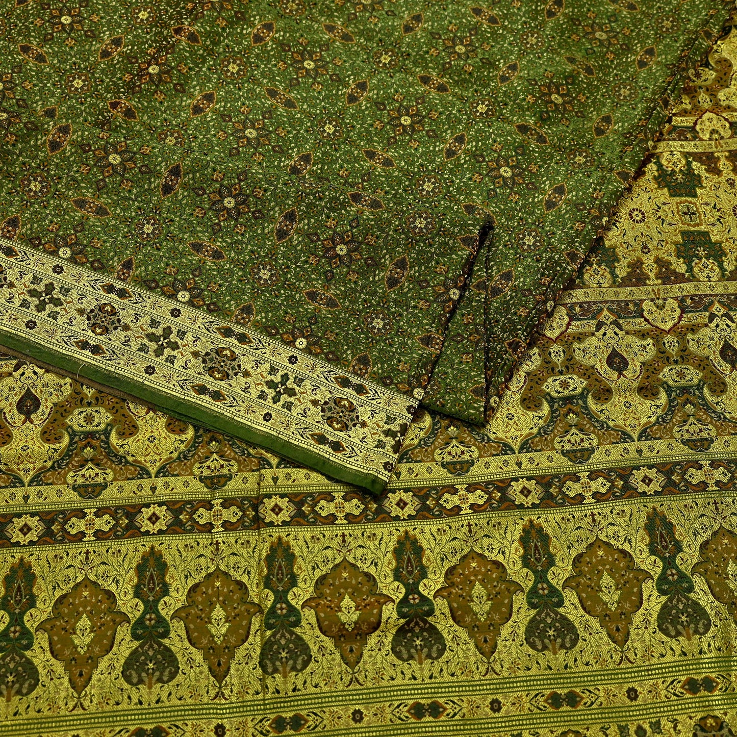 Indian Vintage Sari Green Heavy Wedding Pure Satin Silk Woven Banarasi Tanchoi Saree 5Yd Ethnic Craft Fabric Upcycle Bridal Heavy Sarees