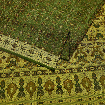 Indian Vintage Sari Green Heavy Wedding Pure Satin Silk Woven Banarasi Tanchoi Saree 5Yd Ethnic Craft Fabric Upcycle Bridal Heavy Sarees