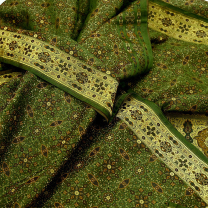 Indian Vintage Sari Green Heavy Wedding Pure Satin Silk Woven Banarasi Tanchoi Saree 5Yd Ethnic Craft Fabric Upcycle Bridal Heavy Sarees