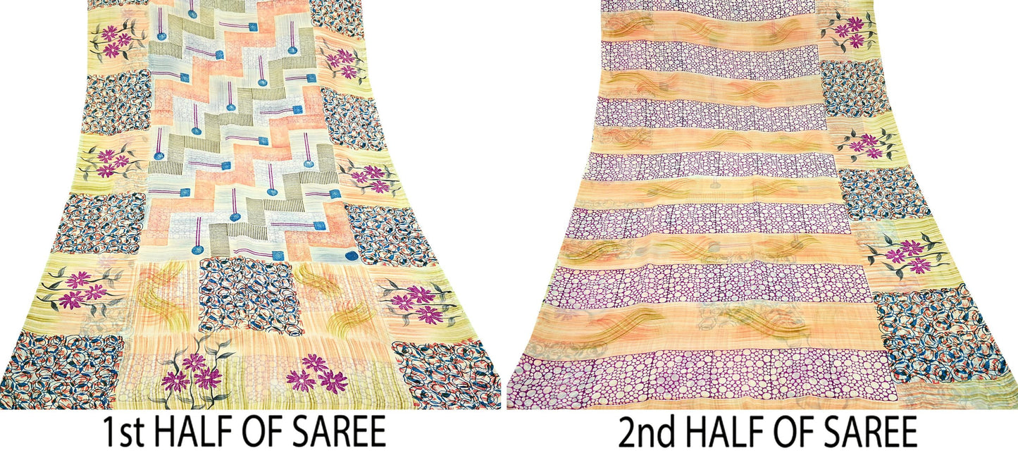 Indian Vintage Sari 100% Pure Georgette Silk Block Printed Sarees Sewing 5yd Craft Soft Dress Designing for Crafting Abstract