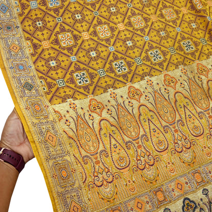 Indian Vintage Sari Saffron Heavy Wedding Pure Satin Silk Woven Banarasi Tanchoi Saree 5Yd Ethnic Craft Fabric Upcycle Bridal Heavy Sarees
