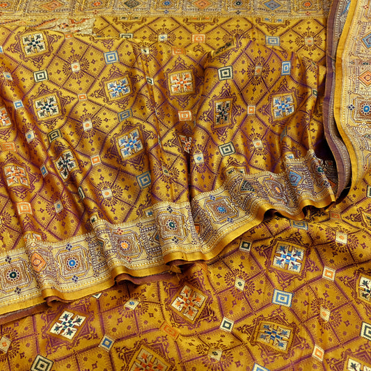 Indian Vintage Sari Saffron Heavy Wedding Pure Satin Silk Woven Banarasi Tanchoi Saree 5Yd Ethnic Craft Fabric Upcycle Bridal Heavy Sarees