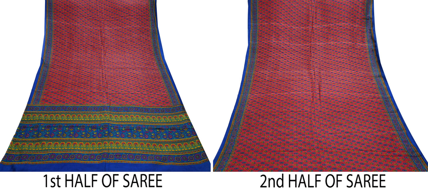 Indian Vintage Sari Pink & Blue 100% Pure Silk Printed Sarees 5yd Craft Fabric Sewing Soft Dress Making Floral Quilting Crafting Upcycle