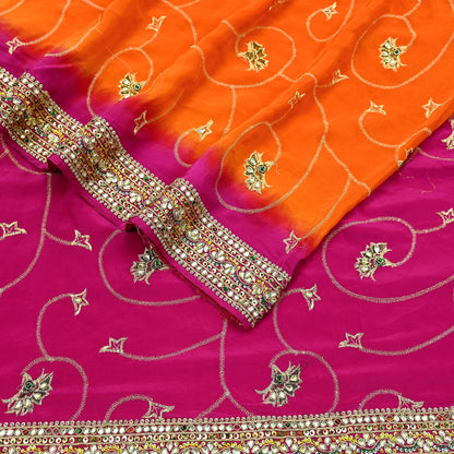 Indian Vintage Saree Pure Crepe Silk Hand Embroidered with Zardozi 5 Yards Soft Fabric for Sewing, Dressmaking, Craft Projects