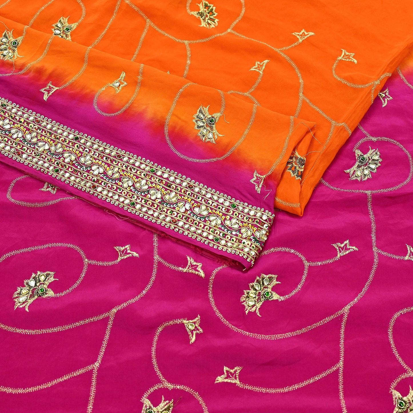Indian Vintage Saree Pure Crepe Silk Hand Embroidered with Zardozi 5 Yards Soft Fabric for Sewing, Dressmaking, Craft Projects