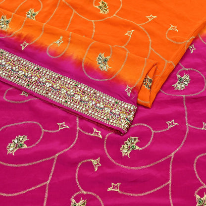 Indian Vintage Saree Pure Crepe Silk Hand Embroidered with Zardozi 5 Yards Soft Fabric for Sewing, Dressmaking, Craft Projects