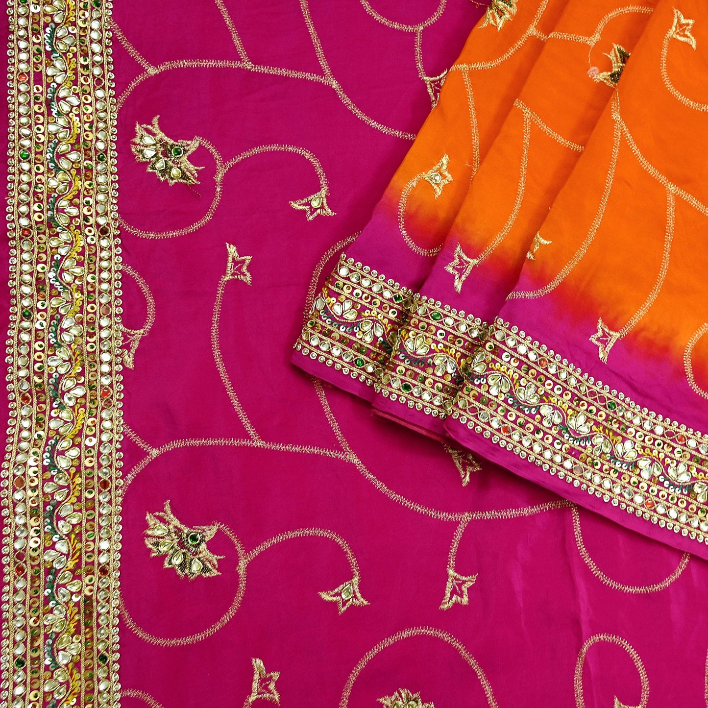 Indian Vintage Saree Pure Crepe Silk Hand Embroidered with Zardozi 5 Yards Soft Fabric for Sewing, Dressmaking, Craft Projects