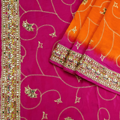 Indian Vintage Saree Pure Crepe Silk Hand Embroidered with Zardozi 5 Yards Soft Fabric for Sewing, Dressmaking, Craft Projects