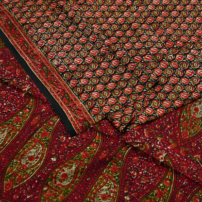 Indian Vintage Sari Black & Maroon 100% Pure Silk Printed Sarees 6yd Craft Fabric Sewing Soft Dress Making Floral Quilting Crafting Upcycle