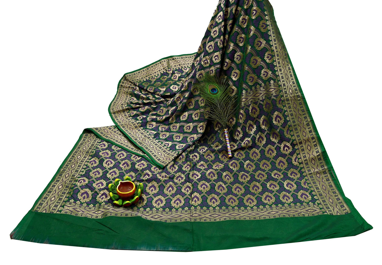 Indian Vintage Heavy Green Saree Pure Silk Hand Woven Sari Craft Fabric 6Yd Sewing Soft Ethnic Zari Dress Making Wedding Sari