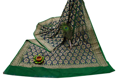 Indian Vintage Heavy Green Saree Pure Silk Hand Woven Sari Craft Fabric 6Yd Sewing Soft Ethnic Zari Dress Making Wedding Sari
