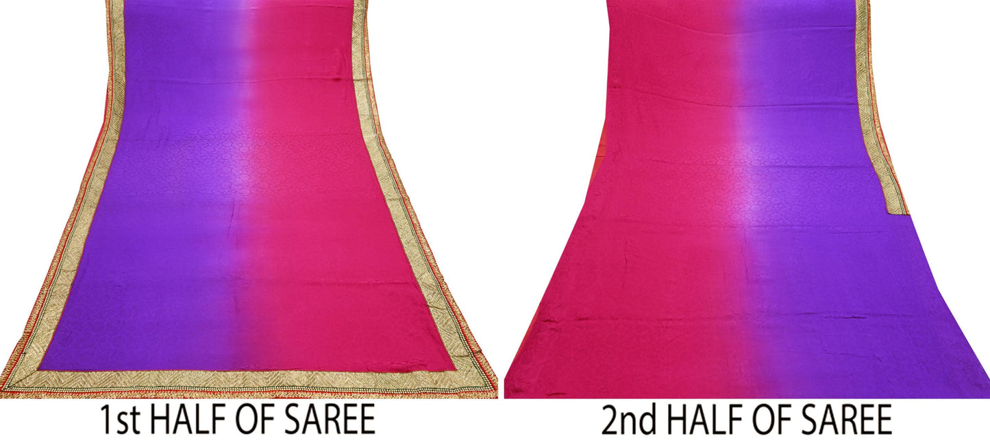 Indian Vintage Heavy Purple & Pink Sari  Hand Embroidered Saree 100% Pure Silk Craft Fabric 6yd Soft Wedding/Party Wear Blouse Fabric