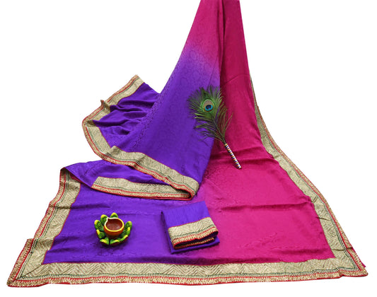 Indian Vintage Heavy Purple & Pink Sari  Hand Embroidered Saree 100% Pure Silk Craft Fabric 6yd Soft Wedding/Party Wear Blouse Fabric