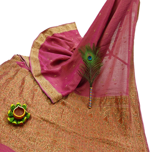 Vintage Heavy Pink Sarees Pure Georgette Silk Hand Woven Banarasi Sari Craft Fabric 5Yd Sewing Soft Ethnic Zari Dress Making Wedding Sari