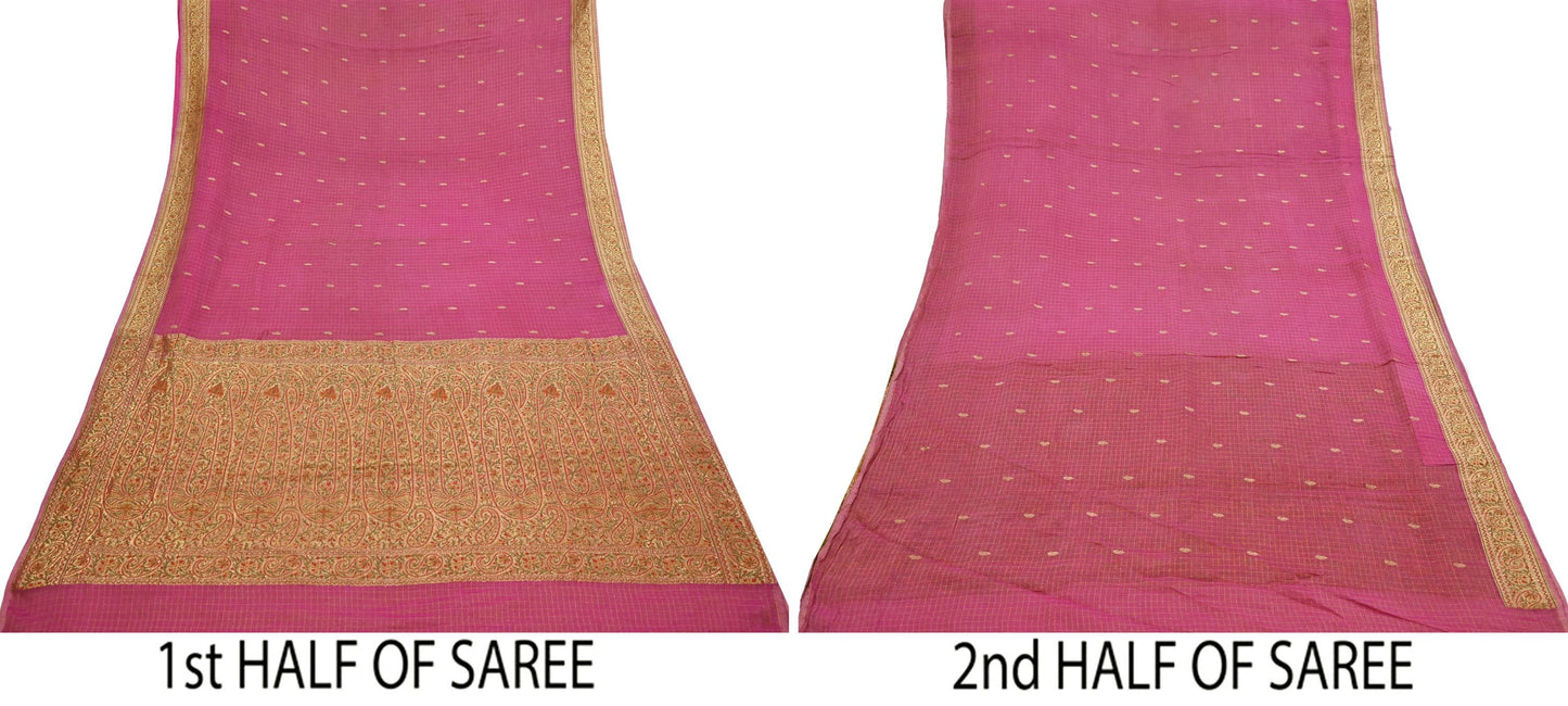 Vintage Heavy Pink Sarees Pure Georgette Silk Hand Woven Banarasi Sari Craft Fabric 5Yd Sewing Soft Ethnic Zari Dress Making Wedding Sari