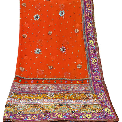 Indian Vintage Heavy Orange Dupatta Pure Georgette Silk Long Stole Hand Embroidered  Scarves Zardozi Wedding Party wear