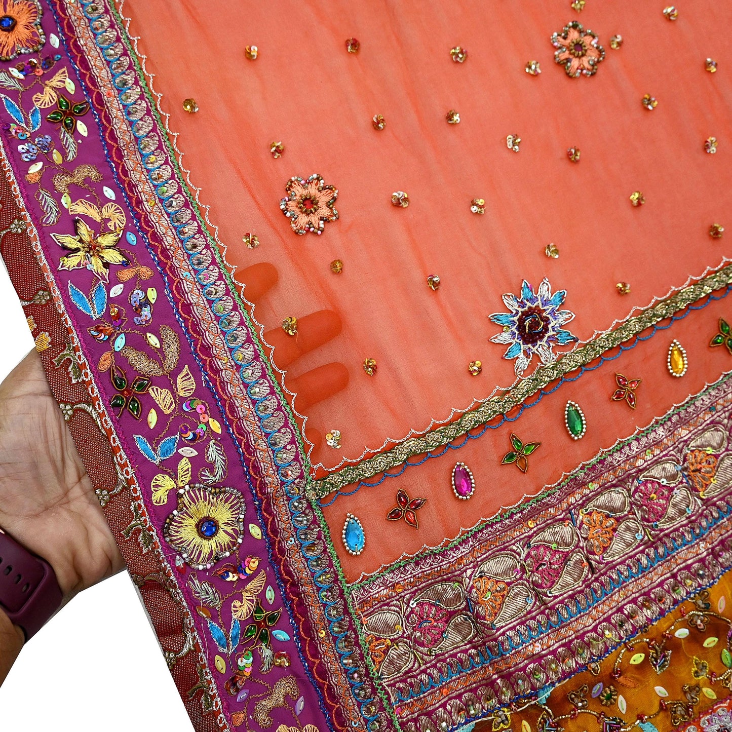 Indian Vintage Heavy Orange Dupatta Pure Georgette Silk Long Stole Hand Embroidered  Scarves Zardozi Wedding Party wear