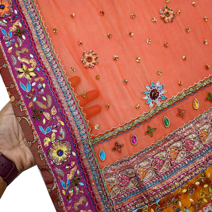 Indian Vintage Heavy Orange Dupatta Pure Georgette Silk Long Stole Hand Embroidered  Scarves Zardozi Wedding Party wear