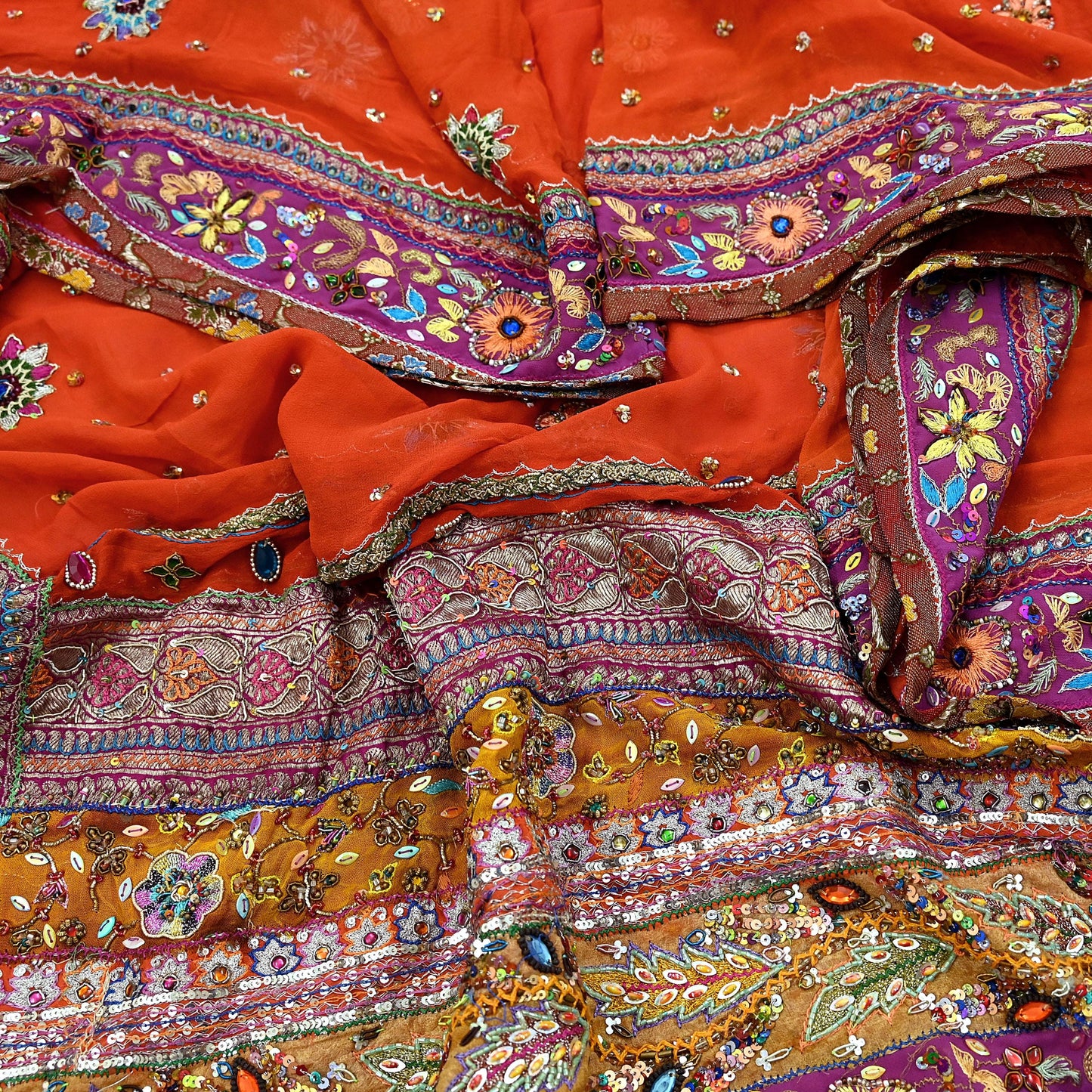 Indian Vintage Heavy Orange Dupatta Pure Georgette Silk Long Stole Hand Embroidered  Scarves Zardozi Wedding Party wear