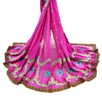 Indian Vintage Heavy Bridal Dupatta Pink Pure Georgette Silk Long Stole Hand Embroidered Scarf Zardozi/Dabka Zari Wedding/Party Dupatta