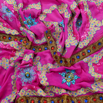 Indian Vintage Heavy Bridal Dupatta Pink Pure Georgette Silk Long Stole Hand Embroidered Scarf Zardozi/Dabka Zari Wedding/Party Dupatta